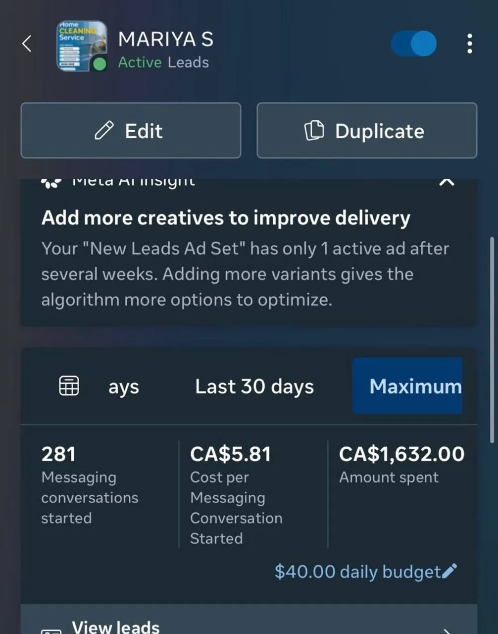Meta Ads dashboard: 281 leads at CA$5.81 each